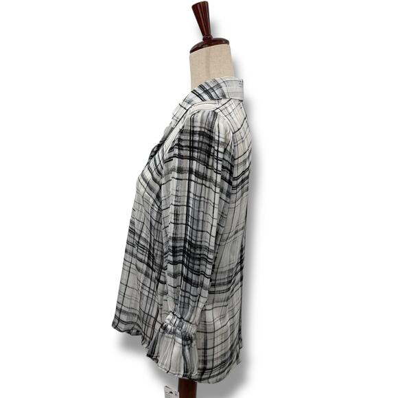 NEW BCX Plaid Layered Blouse Size Medium White Black Sheer Overlay Shirt NWT - Picture 5 of 10